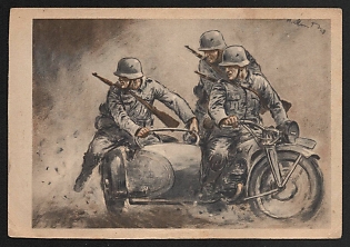 1933-1945 'German Soldiers on a Motorcycle' Military Army Nazi Propaganda Postcard