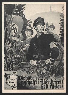1938 'We Did It! Asch is Free! Hail Hitler!' Military Army Nazi Propaganda Postcard
