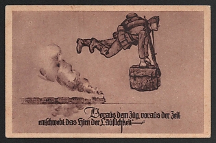 1933-1945 'From the Train, Ahead of Time, the Brain Floats Away from the Ebb' Military Army Caricature Nazi Propaganda Postcard