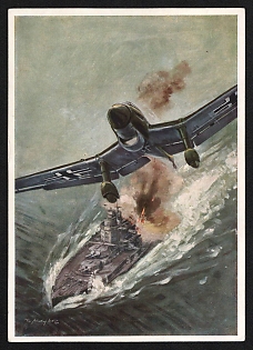 1933-1945 'Stuka Junkers-Ju 87 Bombed an English Battleship. Painting by Theo Matejko' Air Force Luftwaffe Nazi Propaganda Postcard