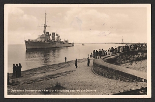 1940 'Baltic Sea Resort Swinemunde Cruiser Konigsberg Passes the East Mole' Navy Ships Deutsche Marine Nazi Propaganda Postcard