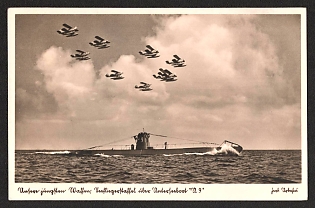 1936 'Our Newest Weapons, a Naval Aviation Squadron above Submarine U-9' Navy Ships Deutsche Marine Nazi Propaganda Postcard