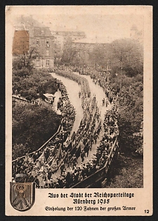 1935 'From the City of the Nuremberg Party Rallies 1935 Bringing in the 120 Flags of the Grand Army' Nazi Propaganda Postcard