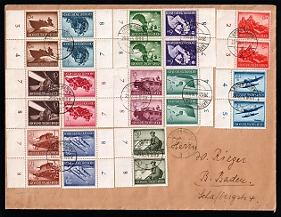 1944 (28 Dec) Third Reich, Germany, Cover from Baden - Baden franked with Full Set Pairs of 3pf - 30pf (Margins, Plate Numbers)