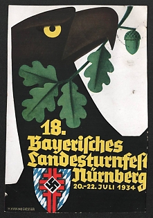 1934 'Bavarian State Gymnastics Festival Nurnberg' Nazi Eagle Nazi Propaganda Postcard