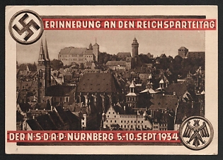 1934 'In Memory of the Reichsparteitrald of the NSDAP Nurnberg, September 5-10, 1934' Nazi Propaganda Postcard