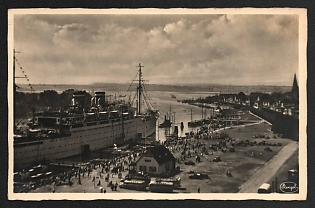 1942 'Baltic Sea Resort of Travemunde - View of the Harbor' Ships Nazi Propaganda Postcard