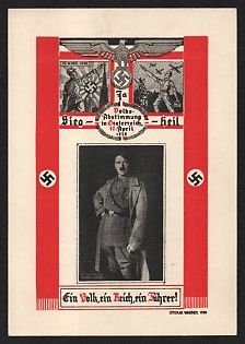 1938 'One People, One Reich, One Fuhrer!' Adolf Hitler Nazi Propaganda Postcard