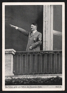 1937 'The Fuhrer Greets From the Balcony of the German Court' Adolf Hitler Nazi Propaganda Postcard