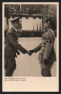 1937 'The Fuhrer and the Duce 'The Guarantors of Peace'' Hitler and Mussolini Nazi Propaganda Postcard