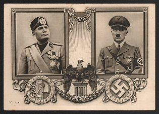 1938 'The Fuhrer and the Duce' Hitler and Mussolini Nazi Propaganda Postcard