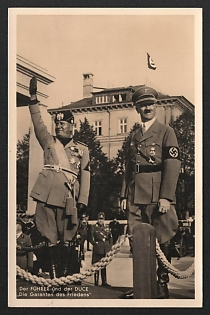 1937 'The Fuhrer and the Duce 'The Guarantors of Peace'' Hitler and Mussolini Nazi Propaganda Postcard