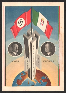 1938 'Mussolini, Hitler' Hitler and Mussolini Nazi Propaganda Postcard