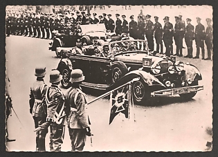 1942 'Hitler's Grand Parade Car, Blinded' Hitler and Mussolini Nazi Propaganda Postcard