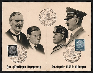 1938 'On the Historic Encounter on September 29, 1938 in Munich' Hitler and Mussolini Nazi Propaganda Postcard
