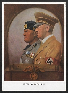 1937 'Two People's Leaders' Hitler and Mussolini Nazi Propaganda Postcard