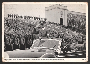 1933-1945 'The Fuhrer at the Hitler Youth Roll Call in the Main Arena of the Stadium' Adolf Hitler Nazi Propaganda Postcard