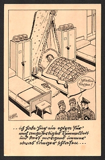 1939 'I Have a Four-Poster Bed Made Especially for Me and Can Sleep Immensely Well Tomorrow' Caricature Nazi Propaganda Postcard