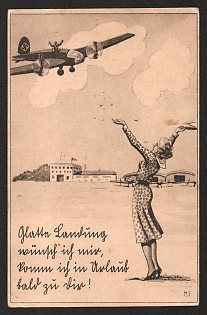 1933-1945 'I Wish You a Smooth Landing, and I'll Be Coming to You on Vacation Soon!' Caricature Nazi Propaganda Postcard