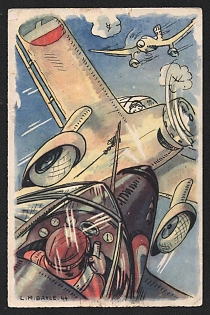 1940 France, Anti-Germany Propaganda, 'On June 15, 1940, During an Air Battle, the Second-Maitre Pilot Marcel Le Bihan, Flying His Adversary, Deliberately Entered a Collision' Propaganda Postcard