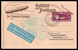 1933 (4 Nov) '1st Night Rocket Launch', 'Shot Down with a Night Flight of the Rocket', Hasselfelde, Germany, Gerhard Zucker Pioneer Rocket Mail, Zeppelin Airship Airmail Torpedo Postcard to Hasselfelde franked with 1m (Commemorative Postmarks)