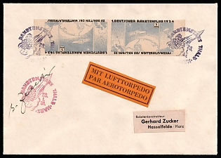 1934 (28 Jan) Hasselfelde-Harz, Germany, Gerhard Zucker Pioneer Rocket Mail, Airmail Torpedo Cover to Hasselfelde-Harz franked with Tete-beche Pair 3m (Commemorative Postmarks, Signed)