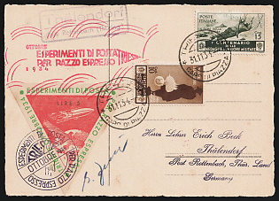 1934 (31 Nov) 'Mail Experiments for Express Rocket', Italy, Gerhard Zucker Pioneer Rocket Mail, Postcard from Trieste (Italy) to Thalendorf (Germany) franked with 10c, 15c, 5l, 7.70l (Commemorative Postmarks, Signed)