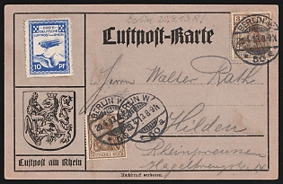 1913 (20 Apr) Zeppelin Flight Days Dusseldorf, Germany, Transport by Military Airship, Semi-Official Airmail Stamp, Postcard from Berlin to Hilden franked with 2 x 3pf, 10pf, First Day of Issue (Rare)