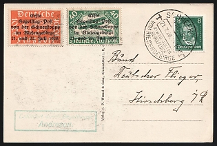 1928 (21 Jul) 'Gliding Post from the Schneekoppe in the Giant Mountains', Germany, Semi-Official Airmail Stamps, Postcard franked with 8pf, 10pf, 40pf (Rare)