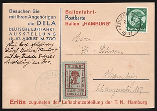 1933 (25 Aug) 'DELA Hamburg', Germany, Semi-Official Airmail Stamp, Balloon Flight Postcard from Ruckenwaldau to Hamburg franked with 6pf, 30pf
