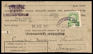 1945 (23 Aug) Carpatho-Ukraine, Postcard from Committee in Velykyi Bereznyi to Village People's Committee in Mochola, franked with 40f