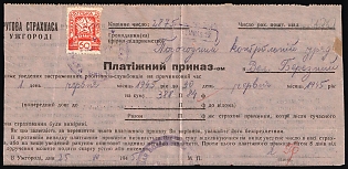1945 Carpatho-Ukraine, Postcard from District Insurance Office in Uzhhorod to Velykyi Bereznyi, franked with 60f