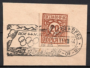 1943 20f Woldenberg, Poland, POCZTA OB.OF.II C, WWII Camp Post, Postage Due Stamp (On piece, Commemorative Cancellation)