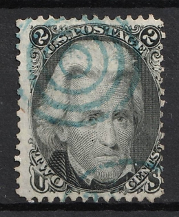 1863 2c Andrew Jackson, United States, USA (Gray Black, Blue Cancellation)