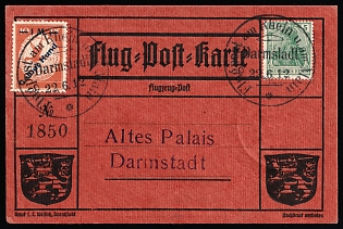 1912 (22 Jun) German Empire, Germany, Airmail Postcard from Frankfurt am Main to Darmstadt franked with 5pf, 1m, First Day of Issue (Special Cancellations, Rare)