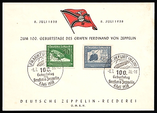 1938 (8 Jul) 'The 100th Birthday of Count Ferdinand Von Zeppelin', Third Reich, Germany, Graf Zeppelin Airship Postcard from Frankfurt am Main franked with 25pf, 50pf (Commemorative Postmarks)