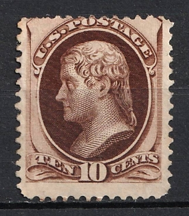 1873 10c Jefferson, United States, USA (SHIFTED Perforation, Brown)