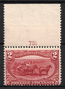 1898 2c Trans-Mississippi Exposition Issue, United States, USA (Margin, Plate Number, Brown Red)