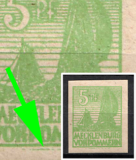 1945 5pf Mecklenburg-Vorpommern, Soviet Russian Zone of Occupation, Germany (Ink marks and dots on lower stamp edge below 'VORPOMMERN')