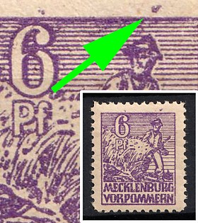 1945 6pf Mecklenburg-Vorpommern, Soviet Russian Zone of Occupation, Germany (Ink marks and or dots over upper image edge)