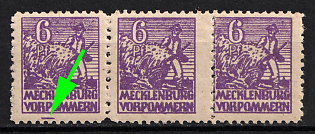 1945 6pf Mecklenburg-Vorpommern, Soviet Russian Zone of Occupation, Germany, Strip (SHIFTED Perforation, Ink marks and under image)