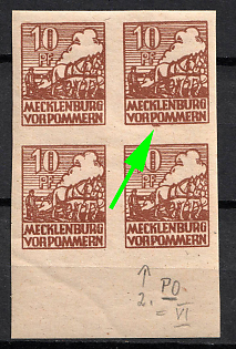 1945 10pf Mecklenburg-Vorpommern, Soviet Russian Zone of Occupation, Germany, Block of Four (Thick ink fleck under 'PO' in 'VORPOMMER' on lower edge, Margin)
