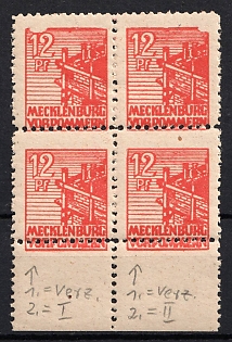 1945 12pf Mecklenburg-Vorpommern, Soviet Russian Zone of Occupation, Germany, Block of Four (SHIFTED Perforation, Upper left image corner deeply nicked over '12', Upper right image corner semi circularly broken, Margin)