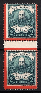1888 2pf Lubeck, Germany Local Post, Private City Mail, Gutter Pair
