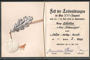 1939 'Festival of Physical Exercises in Schweinfurt (Bavaria). Sports Booklet, City Hockey Tournament' Germany