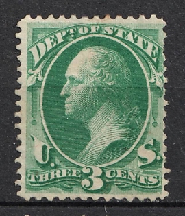 1873 3c Washington, Official Mail Stamp 'State', United States, USA (Dark Green)