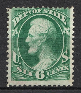 1873 6c Lincoln, Official Mail Stamp 'State', United States, USA (SHIFTED Perforation, Dark Green)