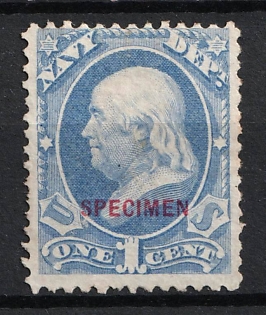 1875 1c Franklin, Special Printing 'Specimen' on Official Mail Stamp 'Navy', United States, USA (Signed, Ultramarine, Carmin Overprint)