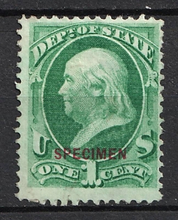 1875 1c Franklin, Special Printing 'State' on Official Mail Stamp 'Navy', United States, USA (Bluish Green, Carmin Overprint)