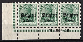 1916-18 5c Belgium, German Occupation, Germany, Strip (Corner Margin, Plate Numbers, Signed)